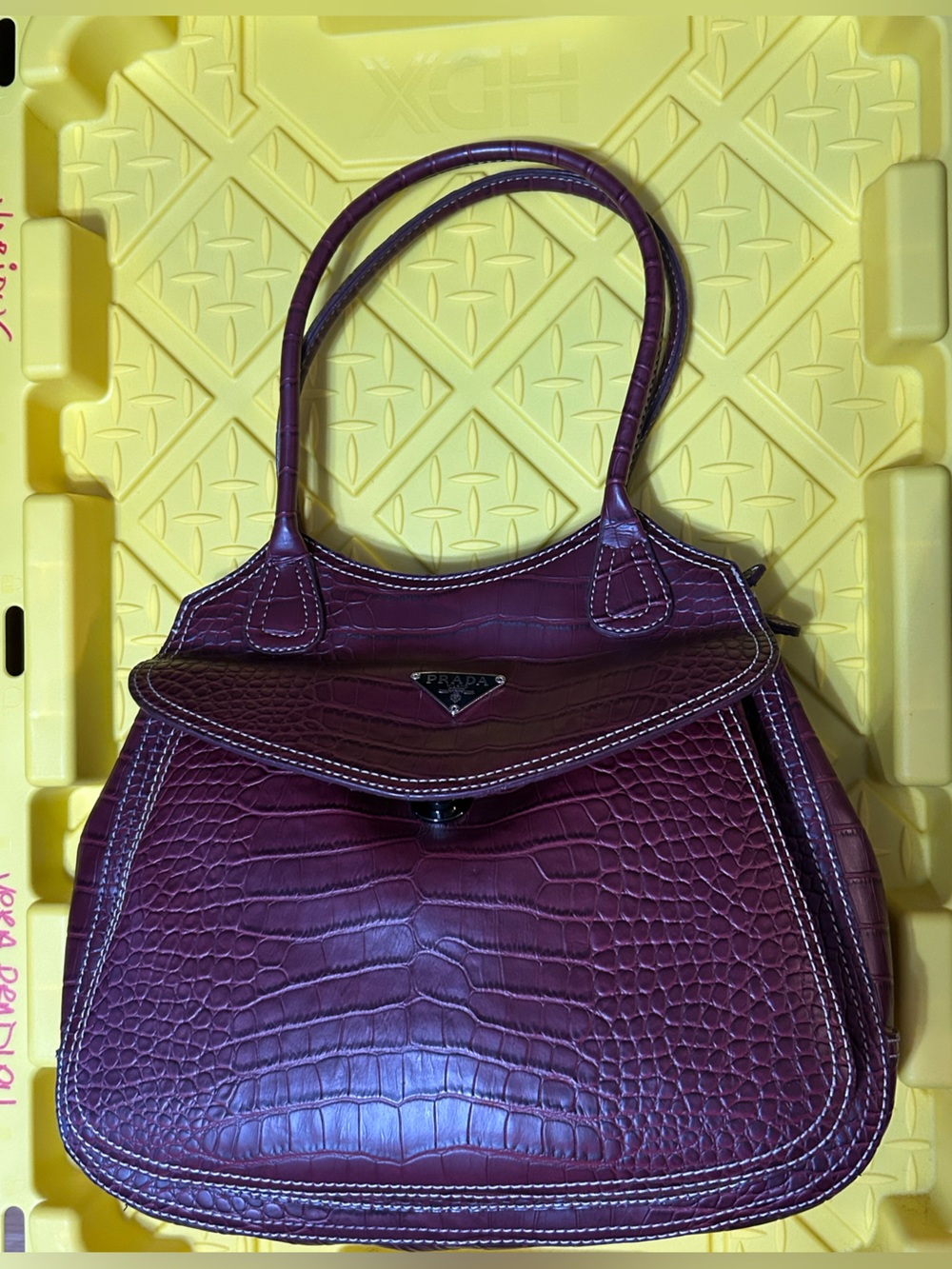 Prada Plum Croc-Embossed Shoulder Bag